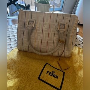 Fendi Zucca Spalmati White/Gray Multi-Color Striped Boston Bag Authentic